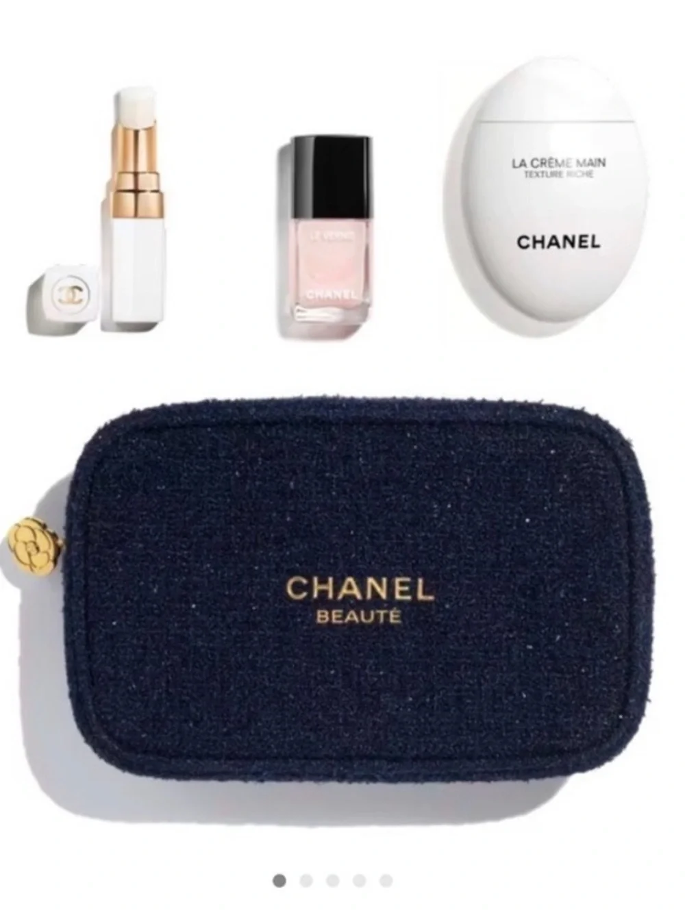CHANEL Beauté Navy Tweed Cosmetic Makeup Bag Gold Camellia Zip Pouch